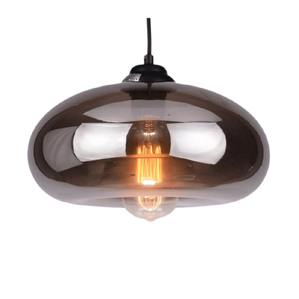 Suspension en verre fumé avec ampoule visible, design moderne et élégant.