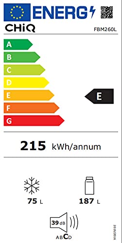 CHIQ Réfrigérateur congélateur bas FBM260L 262L (187+75), Low frost, Acier inoxydable, Portes réversibles, 39 db, 12 ans de garantie sur le compresseu