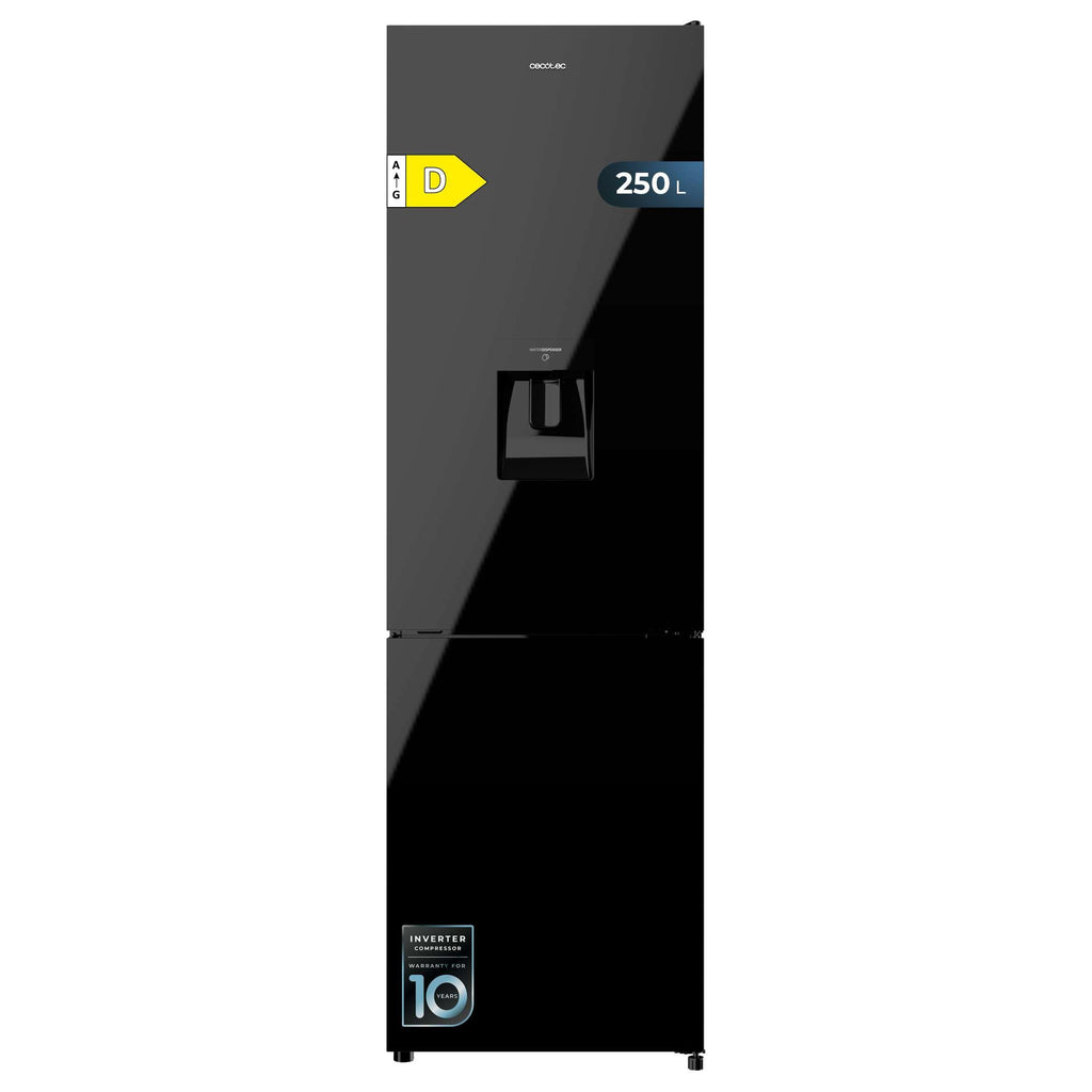 Cecotec Réfrigérateur combiné Bolero CoolMarket Combi 250 WD Black Glass D. Capacité de 250L, classe D, compresseur Inverter, Total No Frost, porte réversible, distributeur d'eau et LED intérieure.