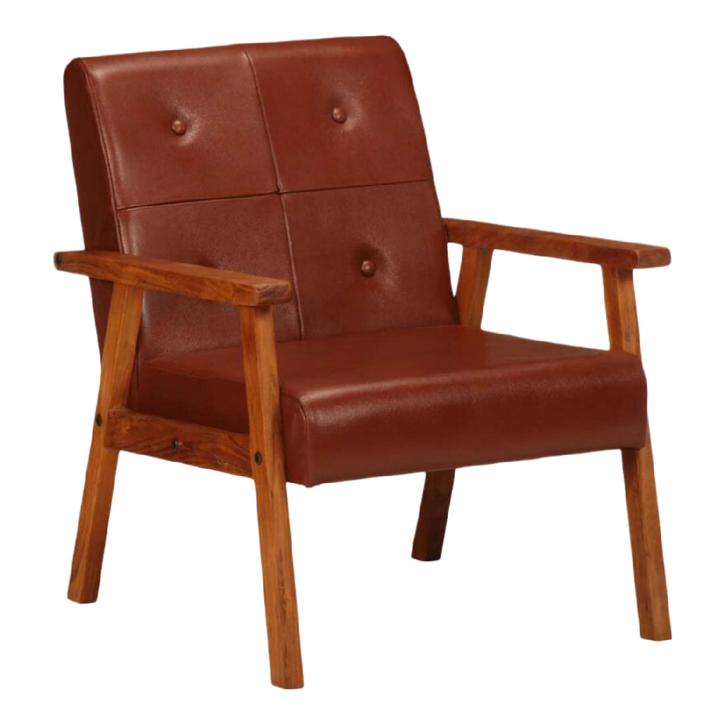 Fauteuil en cuir synthétique marron avec structure en bois naturel
