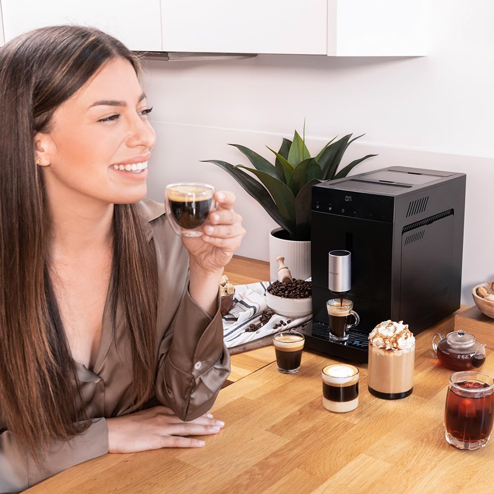 Cecotec Cafetière Superautomatique Compacte Cremmaet Compact. 1350 W, 19 Bars, Système de Chauffage par Thermobloc, Réservoir de 150 g de Café avec Moulin Intégré et 1,1 L, Nettoyage Automatique