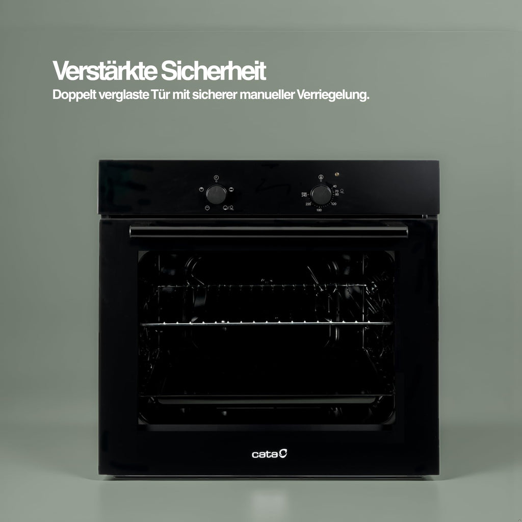 Cata Four statique SES 6004 BK 4 fonctions porte panoramique Full Glass Nettoyage AquaSmart Éclairage intérieur Largeur 60 cm Grande capacité 62 L Éclairage intérieur Finition inox Verre noir