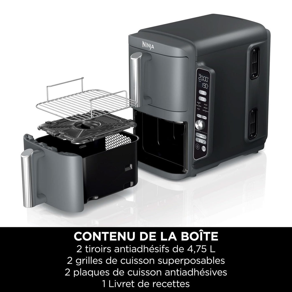 NINJA Double Stack XL Friteuse sans huile, friteuse verticale à 2 tiroirs, 4 niveaux cuisson, 2 tiroirs et 2 grilles, design compact, capacité de 9,5L, 6 fonctions de cuisson, 8 portions, gris SL400EU