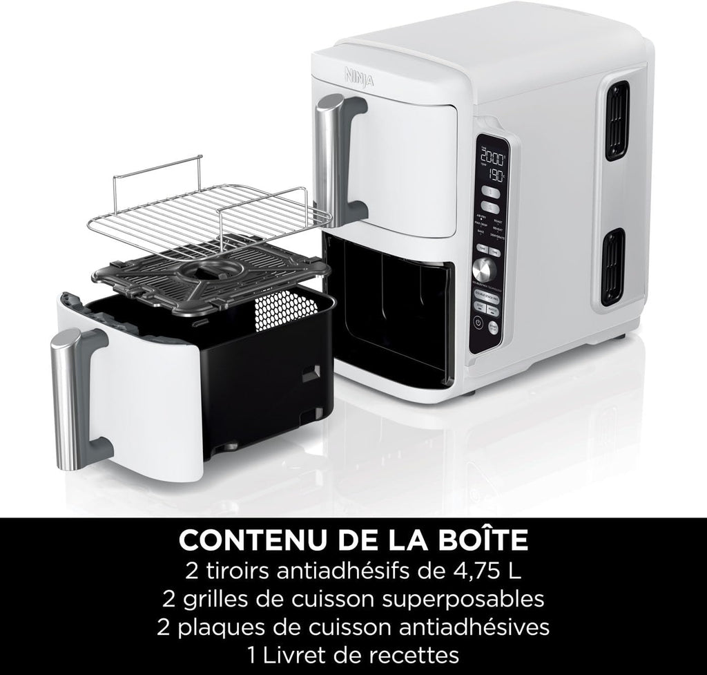 NINJA Double Stack XL Air Fryer, Friteuse sans huile Verticale Double Tiroir 4 Niveaux de Cuisson, 2 Tiroirs, 2 Grilles, Capacité de 9,5 L, 6 Fonctions, 8 Portions, Pinces, Blanc SL400EUWH