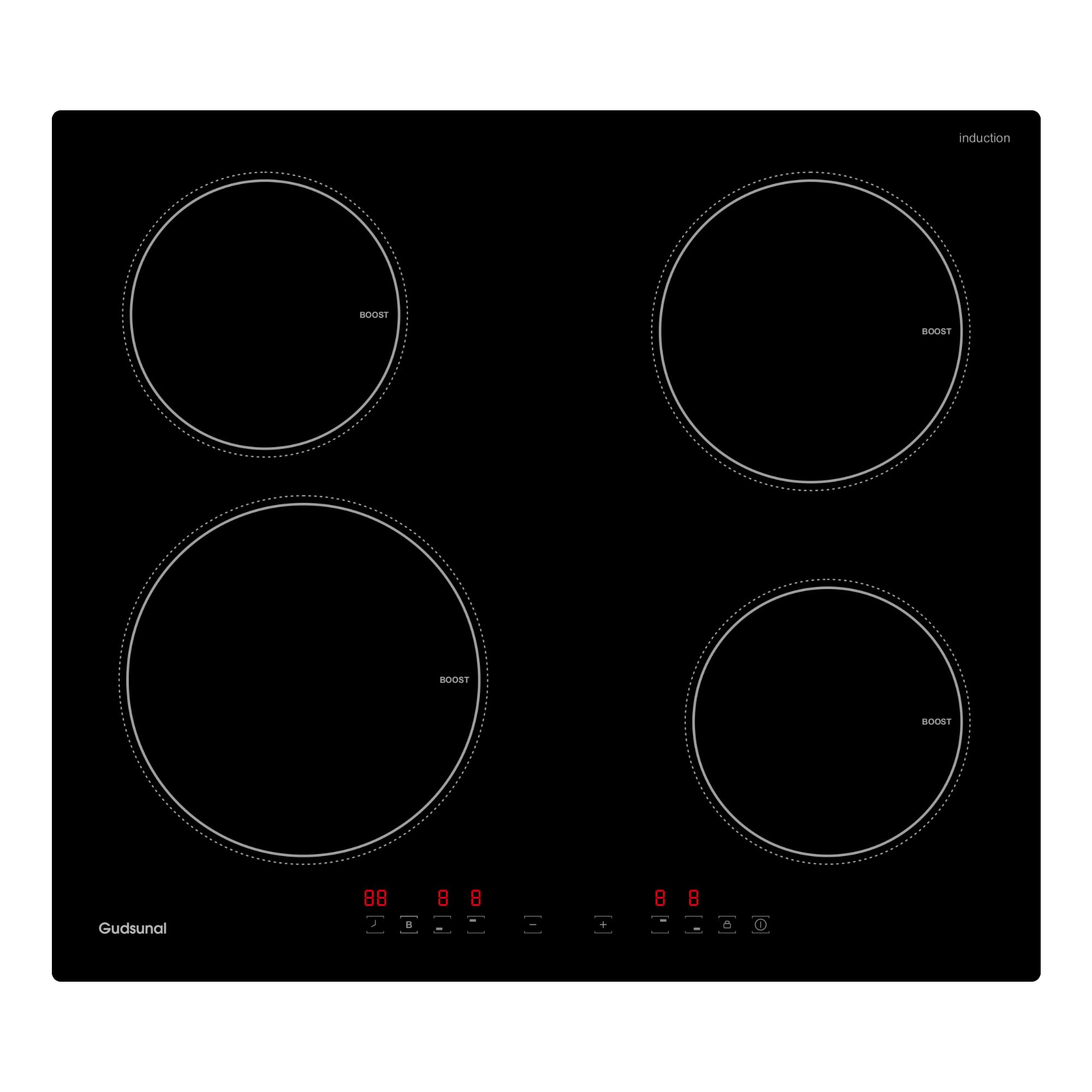 Gudsunal Plaque induction 4 feux, Table de Cuisson Encastrable,7200W, 9 niveaux de chauffage,Boost, Minuterie, Arrêt automatique, Verrouillage de sécu