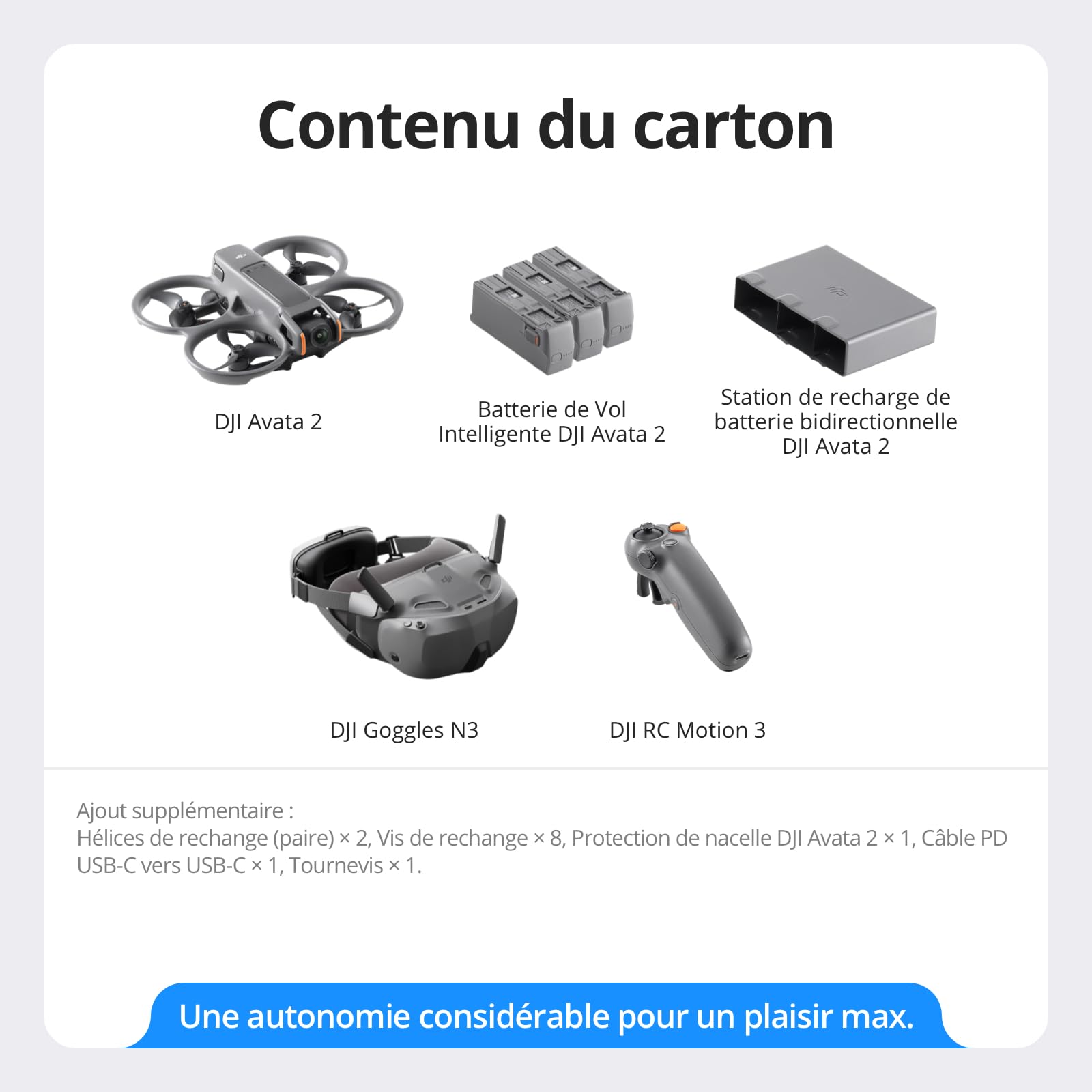 Bundle Fly Smart DJI Avata 2 (trois batteries), drone FPV avec caméra 4K, expérience immersive, protection d’hélice intégrée, FOV de 155°, drone caméra avec Goggles N3 et RC Motion 3