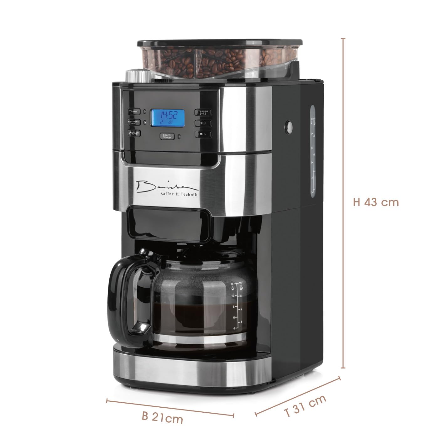 Barista Kaffee & Technik Cafetière Filtre avec verseuse erseuse en verre 1L pur 12 tasses de café, Machine a cafe grain avec broyeur et écran digital, Fonction de minuterie