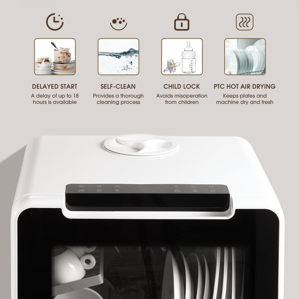 HAVA mini lave vaisselle, nouveau modèle amélioré 2024, 8 programmes de lavage, lave-vaisselle portable avec sécurité enfant et fonction de démarrage différé, réservoir d'eau de 5 L