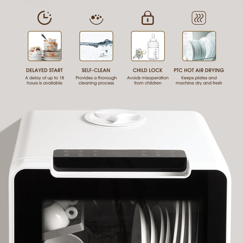HAVA mini lave vaisselle, nouveau modèle amélioré 2024, 8 programmes de lavage, lave-vaisselle portable avec sécurité enfant et fonction de démarrage différé, réservoir d'eau de 5 L