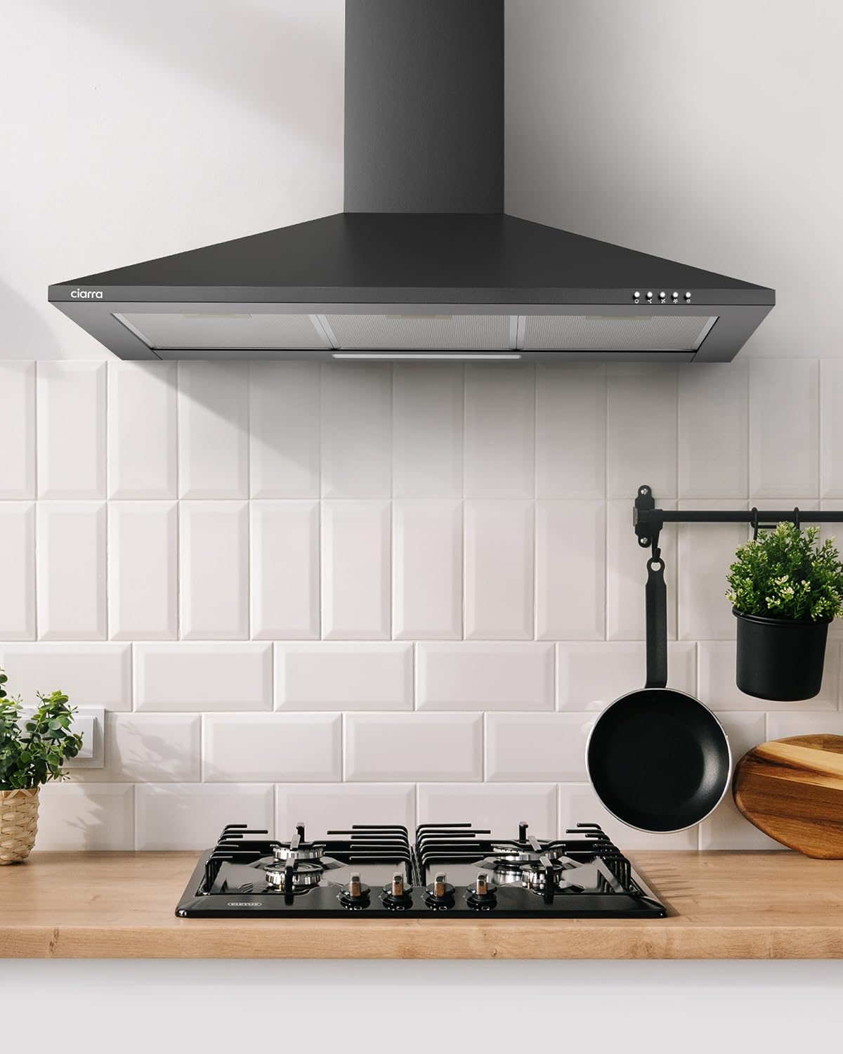 Ciarra CBCB9201 Hotte Aspirante 90 cm - Classe A++ - 370m³/h - 3 Vitesses - Recyclage ou Evacuation - Cheminée Extensible - Filtres à Charbon INCLUS - Noir