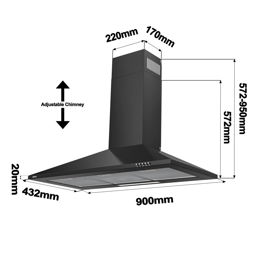 Ciarra CBCB9201 Hotte Aspirante 90 cm - Classe A++ - 370m³/h - 3 Vitesses - Recyclage ou Evacuation - Cheminée Extensible - Filtres à Charbon INCLUS - Noir