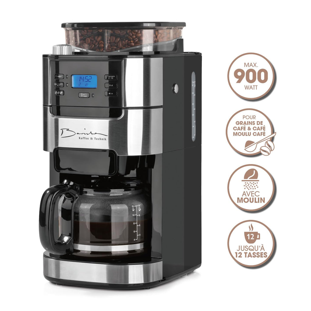 Barista Kaffee & Technik Cafetière Filtre avec verseuse erseuse en verre 1L pur 12 tasses de café, Machine a cafe grain avec broyeur et écran digital, Fonction de minuterie