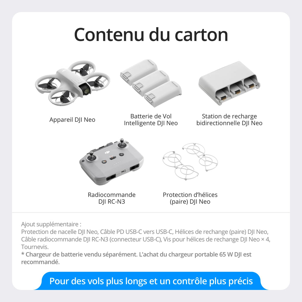 Bundle Fly More DJI Neo, Mini Drone avec Caméra 4K UHD pour Adultes, Drone Suiveur qui Vole Seul de 135 g, Décollage du Creux de la Main, Suivi de Suj