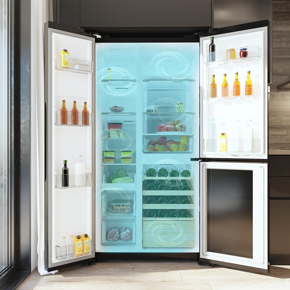 Cecotec Réfrigérateur 3 Portes Bolero CoolMarket TDW 548 Black Glass E, Classe E, 548L, Design T Door, Compresseur Inverter Plus, Total No Frost, Metal Cooling, Multi AirFlow, Fast Cooling et Freezing