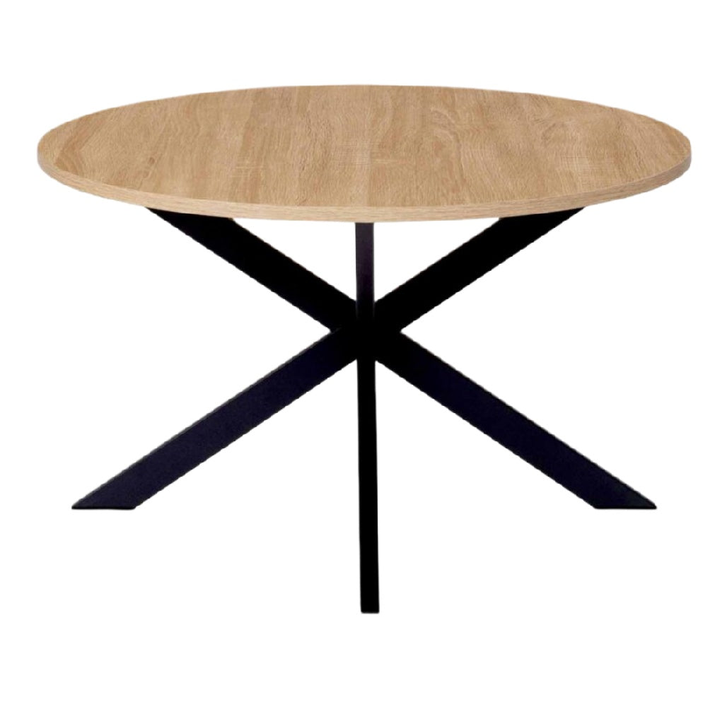 Table ronde en bois clair avec pied en métal noir.