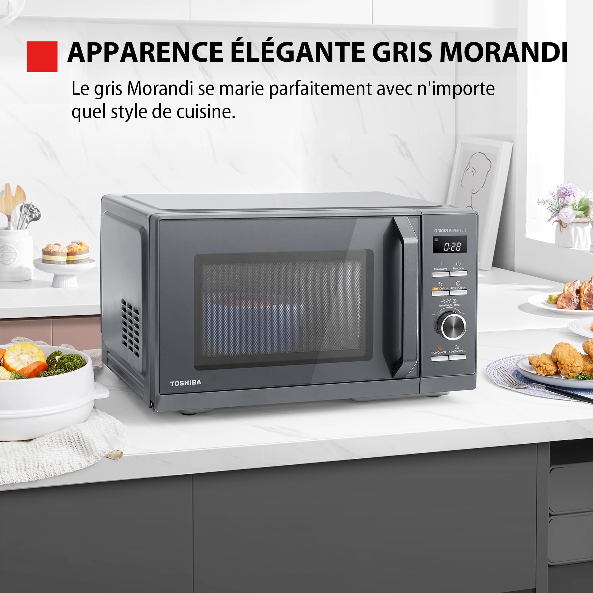 Toshiba MW3-AC26PFI(MG) Four à Micro-ondes 26L Air chaud combiné, 6-en-1 900W avec Cuiseur Vapeur en Gris Morandi, 6 Programmes 10 Niveaux de Puissanc