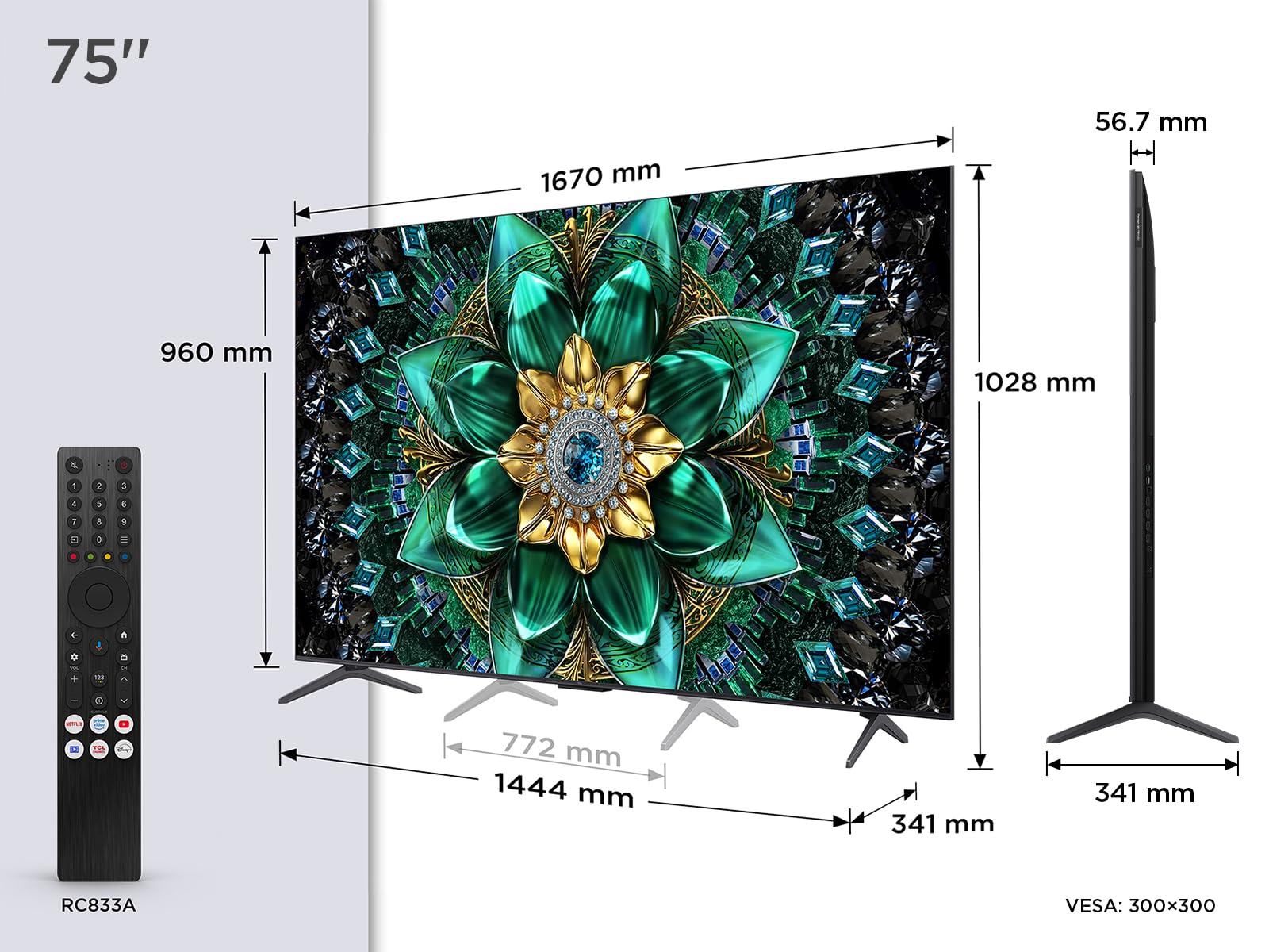 TCL 75Q6C QD-Mini LED TV, 4K HDR Premium 1000nits, Smart TV alimenté par Google (Dolby Vision IQ et Atmos, système Audio Onkyo 2.1, Motion Clarity Pro 144Hz, contrôle Vocal Mains Libres)
