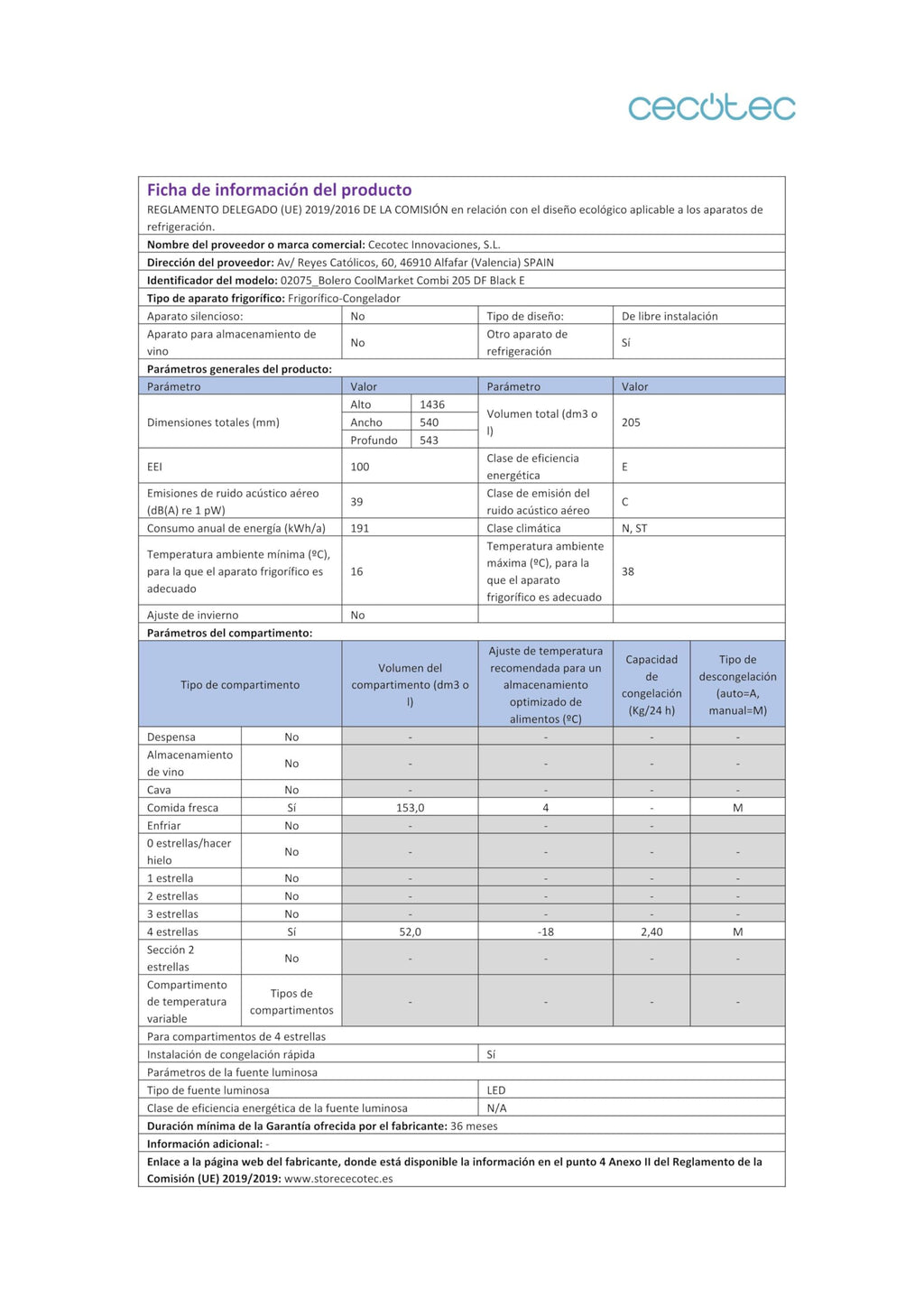Cecotec Réfrigérateur combinés Bolero CoolMarket Combi 205 DF Black. 117L, 169x54cm, Defrost, Classe E, Fast Cooling.