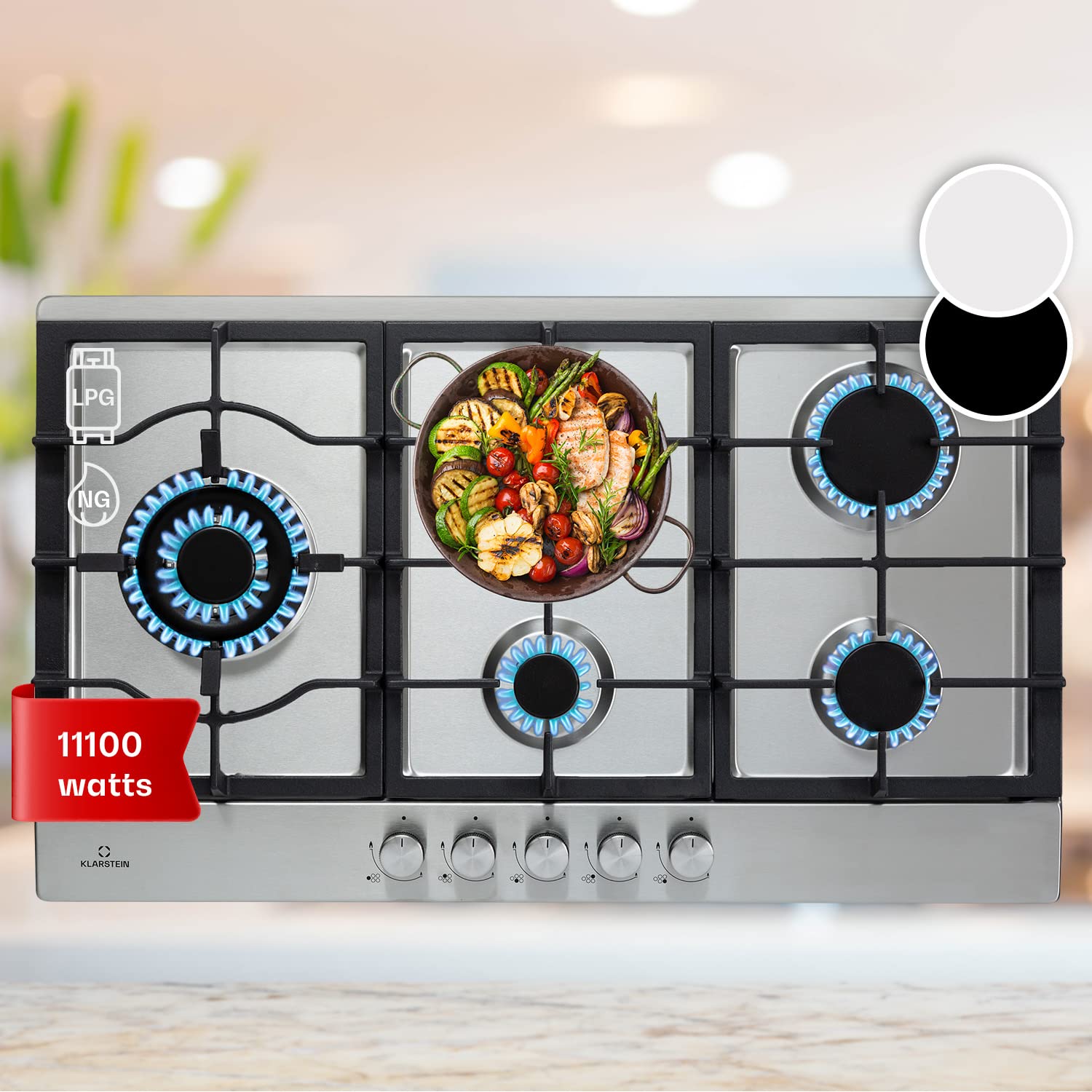 Klarstein Tables de Cuisson à Gaz, Plaque de Cuisson , Encastrable à 5 Feux de 11100W, Cuisiniere Gaz, Gaziniere avec Brûleurs en Acier Inoxydable, Cuisinières GPL