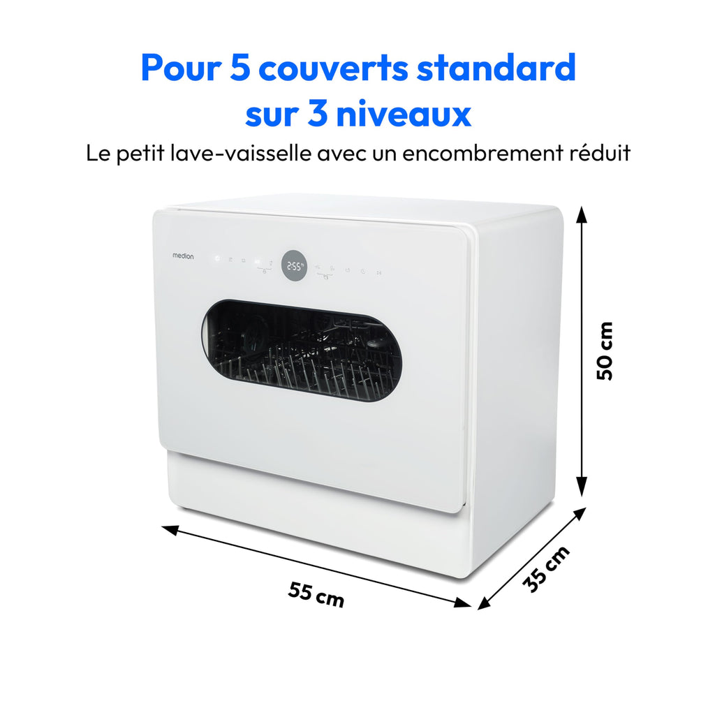 MEDION Mini lave-vaisselle DWT51 (lave-vaisselle de table avec panneau de commande tactile, fonction seau, 5 couverts, fonctionne avec/sans raccordement à l'eau, 7 programmes de nettoyage, départ diff
