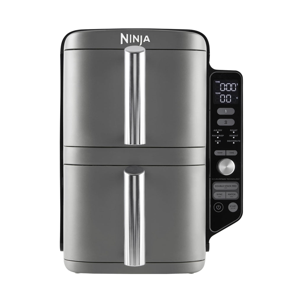NINJA Double Stack XL Friteuse sans huile, friteuse verticale à 2 tiroirs, 4 niveaux cuisson, 2 tiroirs et 2 grilles, design compact, capacité de 9,5L, 6 fonctions de cuisson, 8 portions, gris SL400EU