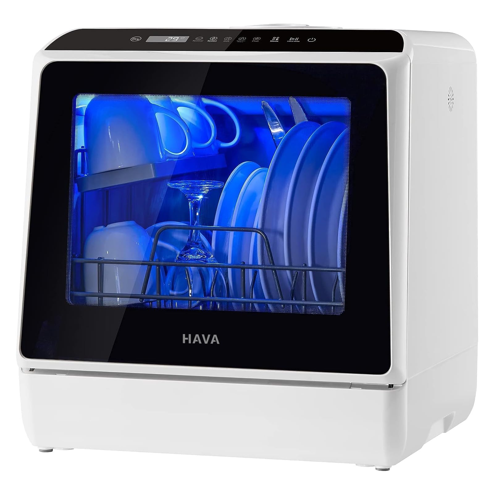 HAVA mini lave vaisselle, 6 programmes portables avec réservoir d'eau intégré de 5 L, aucun branchement nécessaire, fonction de soin de bébé et de séchage à l'air pour appartements et camping-cars