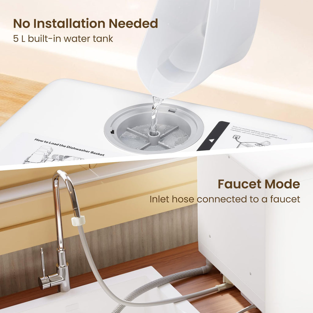 HAVA mini lave vaisselle, 6 programmes portables avec réservoir d'eau intégré de 5 L, aucun branchement nécessaire, fonction de soin de bébé et de séchage à l'air pour appartements et camping-cars