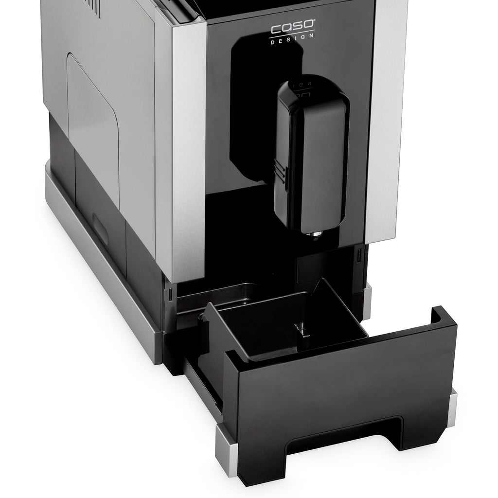CASO Café Crema Touch Machine à café automatique design avec tuyau et réservoir à lait, broyeur conique réglable en continu, prêt à l'emploi, toutes les spécialités de café par toucher, noir, acier