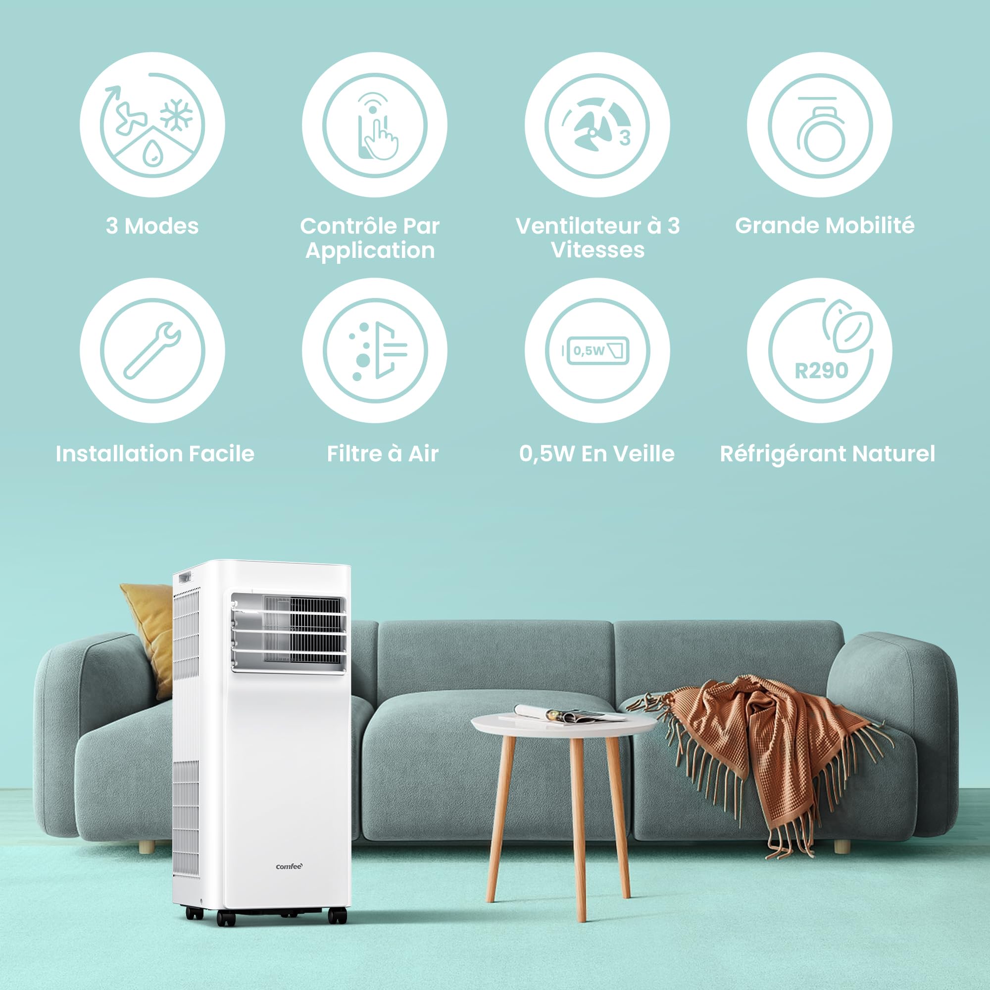 COMFEE' Climatiseur Mobile 7000 BTU/h 2kW, Contrôle APP, 3 Modes, 3 Vitesses de ventilation, Minuterie 24H, Dimensions compactes, Pour pièces de 23㎡, Breezy Cool 2.0, Fonctionne avec Alexa