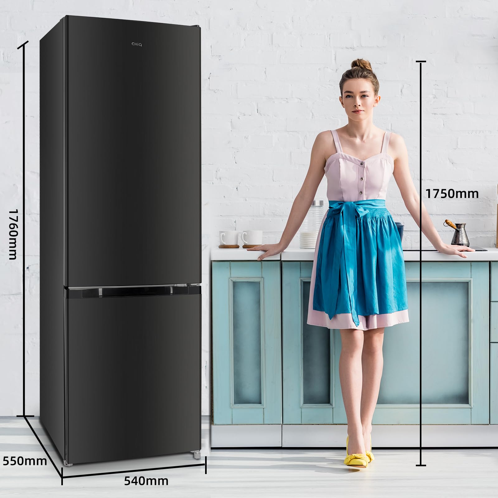 CHIQ Réfrigérateur congélateur bas FBM260L 262L (187+75), Low frost, Acier inoxydable, Portes réversibles, 39 db, 12 ans de garantie sur le compresseu