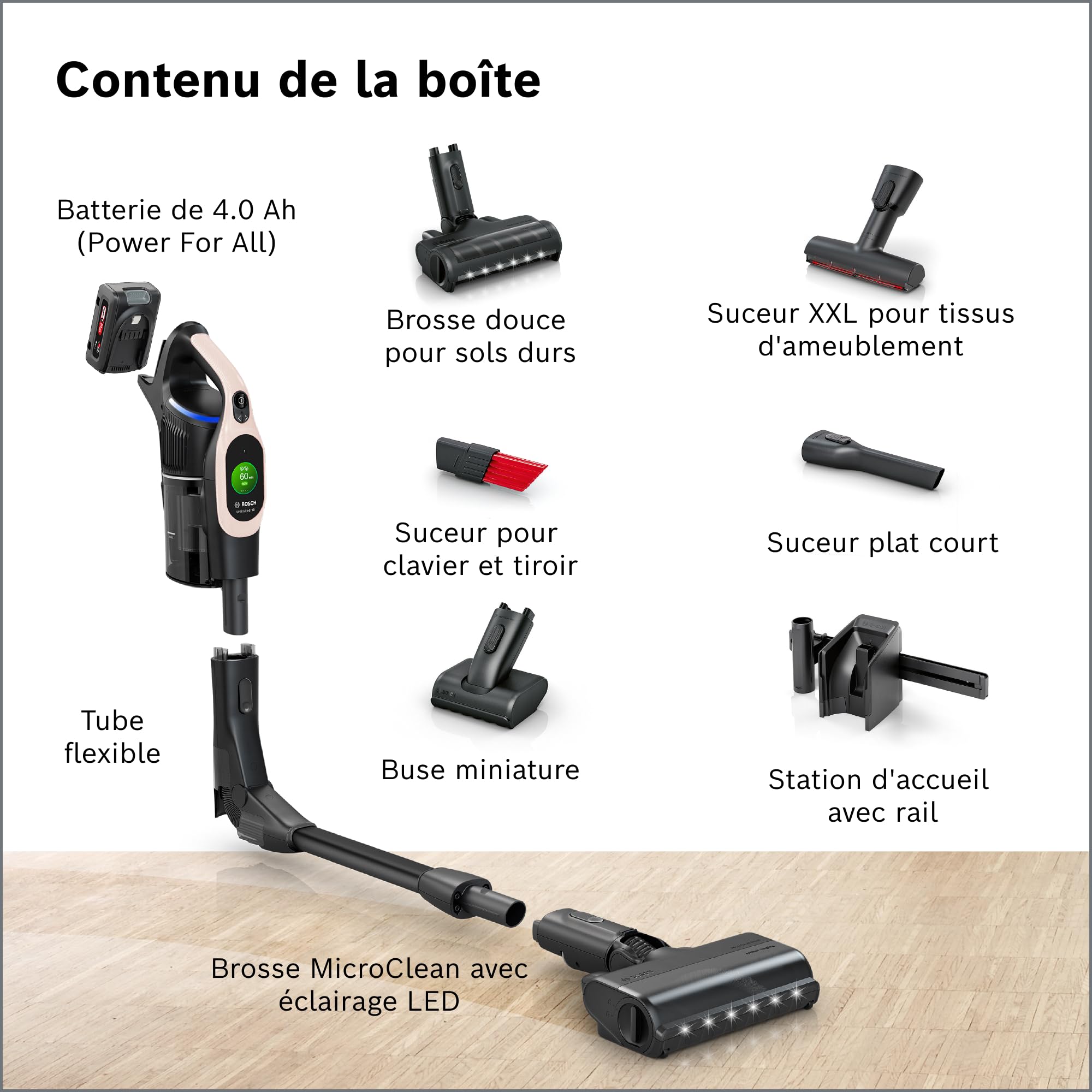 Bosch, aspirateur Balai sans Fil, Unlimited 10, Batterie 4.0 Ah, Technologie MicroClean, bac à poussière Facile à Vider, Tube Flexible, éclairage LED, Rose, BKS1041RHF