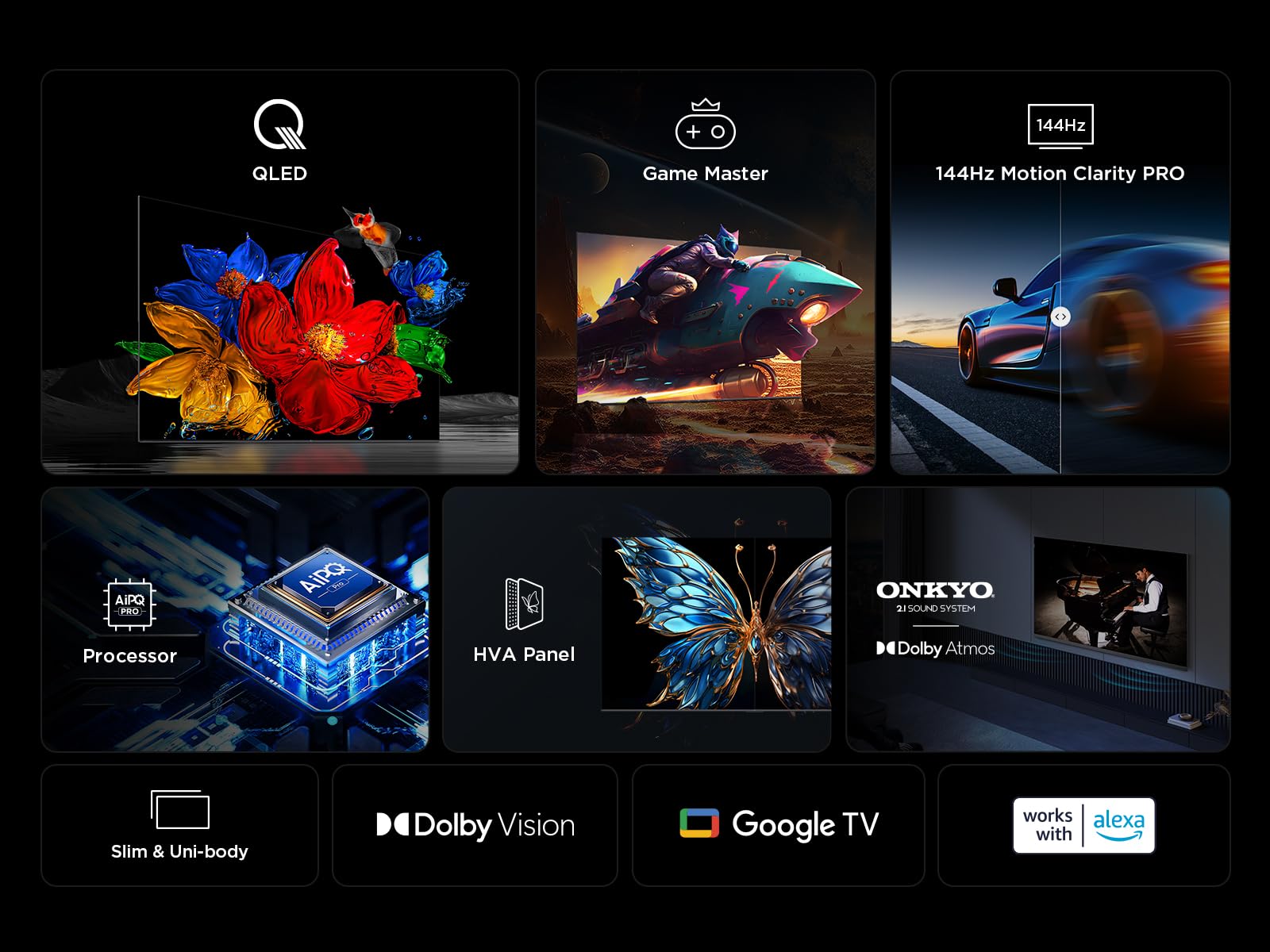 TCL 55T8C 55" QLED 4K HDR Ultra HD TV, Smart TV Powered by Google TV (Dolby Vision & Atmos, 144Hz Motion Clarity Pro, FreeSync, Onkyo 2.1 Sound, Voice