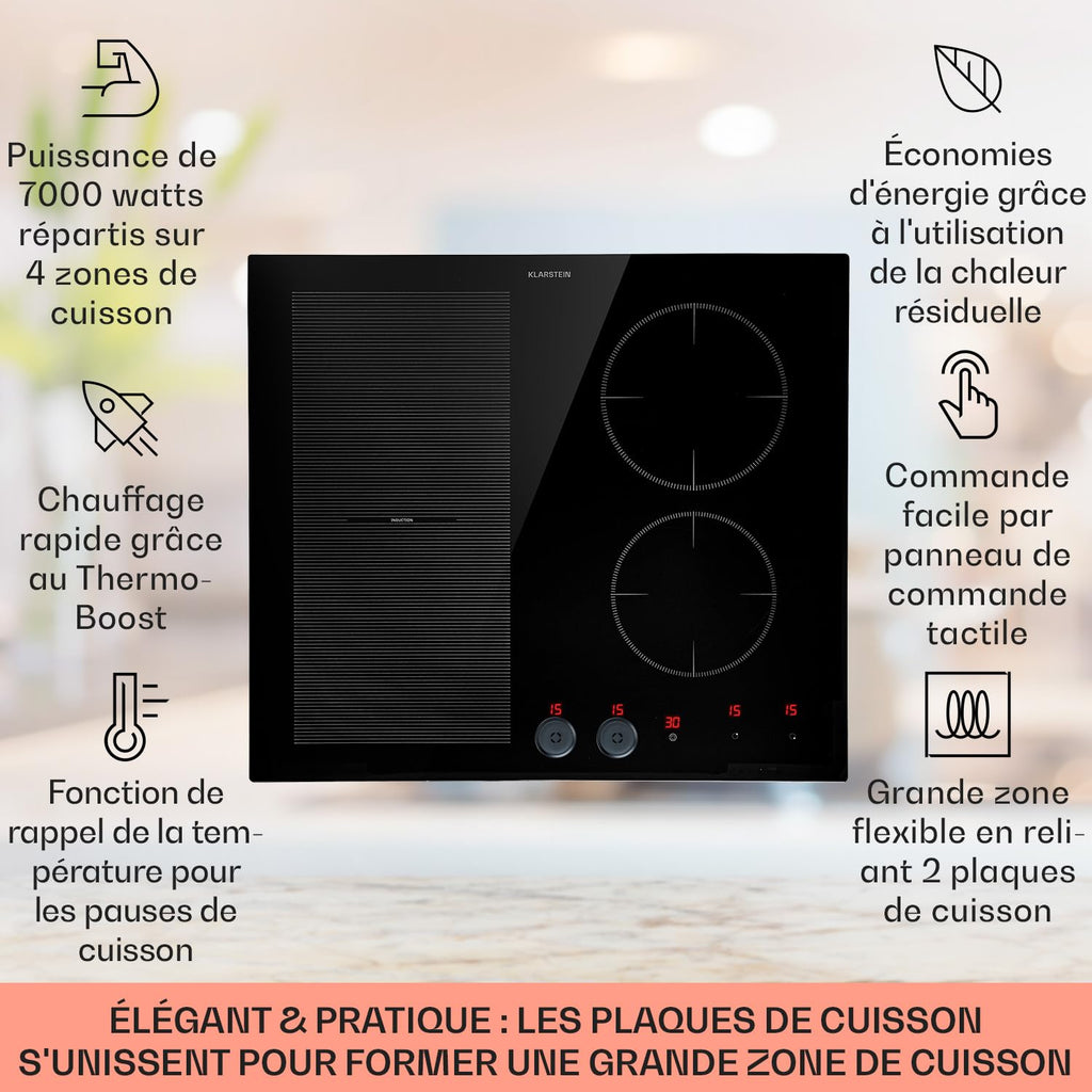 KLARSTEIN Plaque Induction en Céramique de 7000W, Plaque de Cuisson Electrique à Induction, Plaque Induction 4 Feux, Tables de Cuisson, Plaques chauffantes ThermoBoost, Rechaud Electrique Cuisine