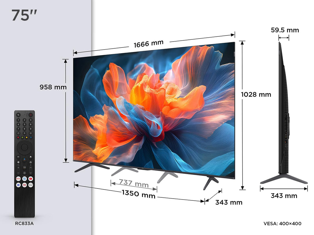 TCL 75T8C 75" QLED 4K HDR Ultra HD TV, Smart TV Powered by Google TV (Dolby Vision & Atmos, 144Hz Motion Clarity Pro, FreeSync, Onkyo 2.1 Sound, Voice Control)