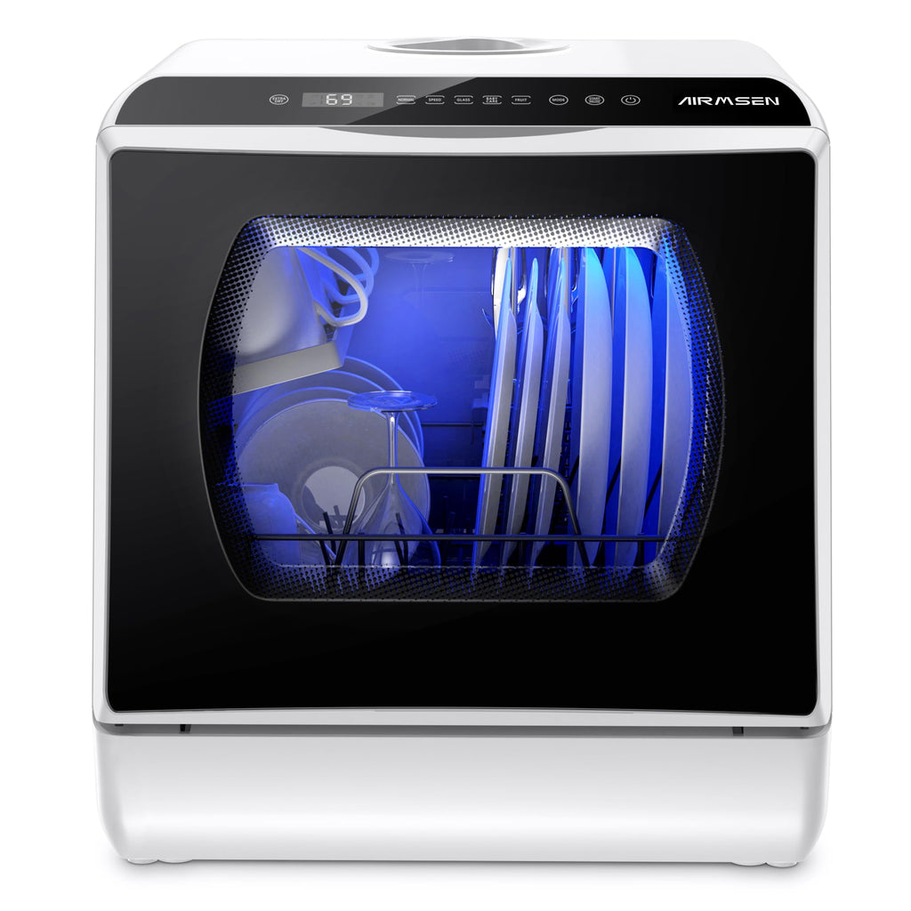 AIRMSEN Mini Lave-Vaisselle de Comptoir, 5+1 Programmes, Réservoir d'Eau de 5L, Contrôle Tactile et Écran LED, Adapté pour les Cuisines Familiales, Appartements et Dortoirs, Blanc et noir