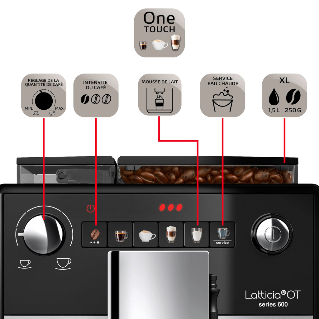 Melitta Latticia One Touch Argent, Machine à Café à Grains avec Broyeur et Système Latte Perfection, Silencieuse, Mode 1 à 2 Tasses, Automatique, F300-101, 1450W