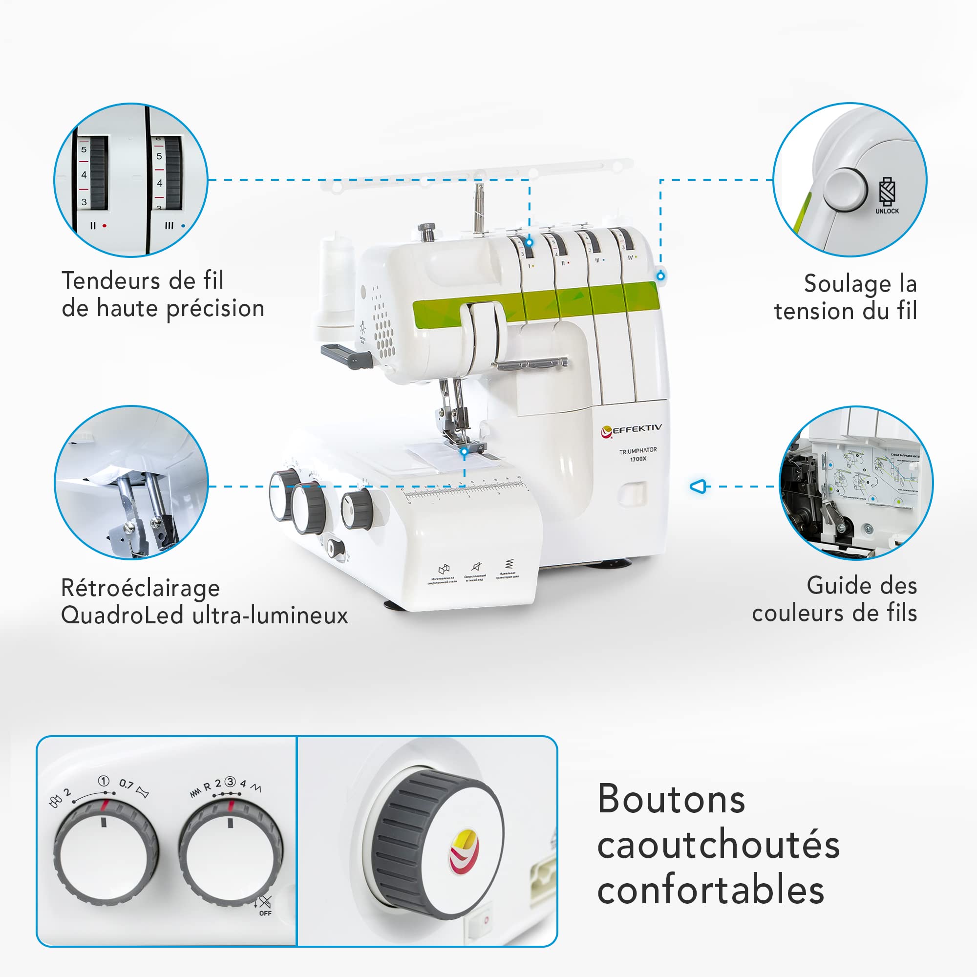 EFFEKTIV Surjeteuse Triumphator 1700X, Machine à Coudre Overlock, Filetage 3/4 Avec Différentiel, Cadre Entièrement en Métal, 14 points, Automatique, Puissant 120 W - 1200 points/min, Pédale (Vert)