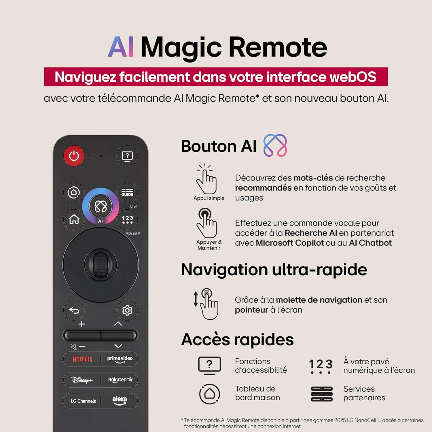 LG TV NANOCELL AI 2025 | 65NANO90| 65'' (164cm) | 4K UHD | HDR10 |webOS 25 | Télécommade AI Magic Remote | Alexa, Google Assistant | Netflix Disney+ Canal+ Prime Video | AirPlay 2 | Couleurs Pures