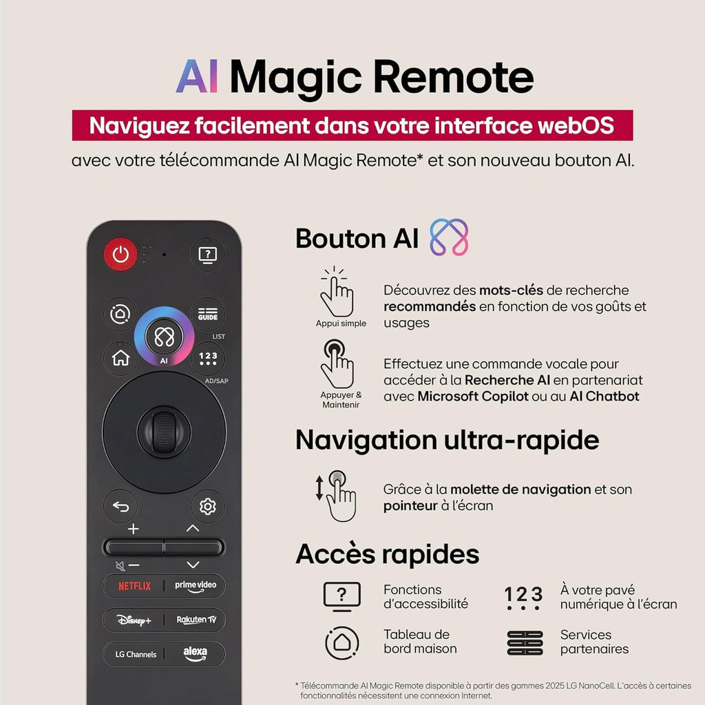 LG TV NANOCELL AI 2025 | 75NANO90| 75'' (189cm) | 4K UHD | HDR10 |webOS 25 | Télécommade AI Magic Remote | Alexa, Google Assistant | Netflix Disney+ Canal+ Prime Video | AirPlay 2 | Couleurs Pures