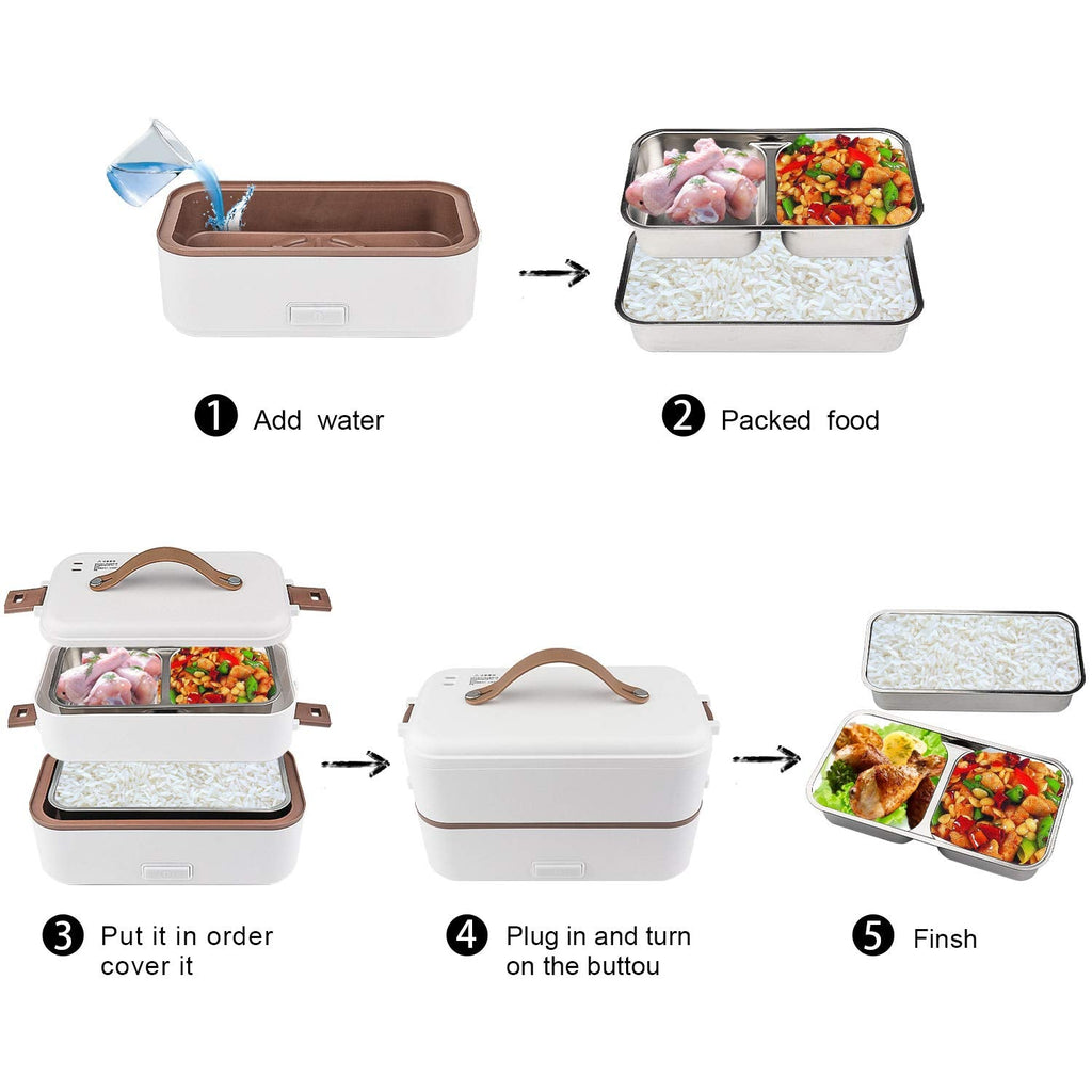 Self Cooking Electric Lunch Box, Toursion Mini Rice Cooker, 2 couches Steamer Lunch Box for Home Office School Travel Cook Raw Food, 800 ML/110 V (Only the Wall PLUG)