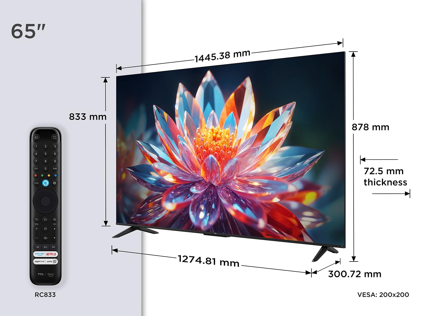 TCL 65T6C Fire TV 65 Pouces QLED 4K UHD Smart TV, HDR (Multi-Format), Dolby Atmos, Motion Clarity