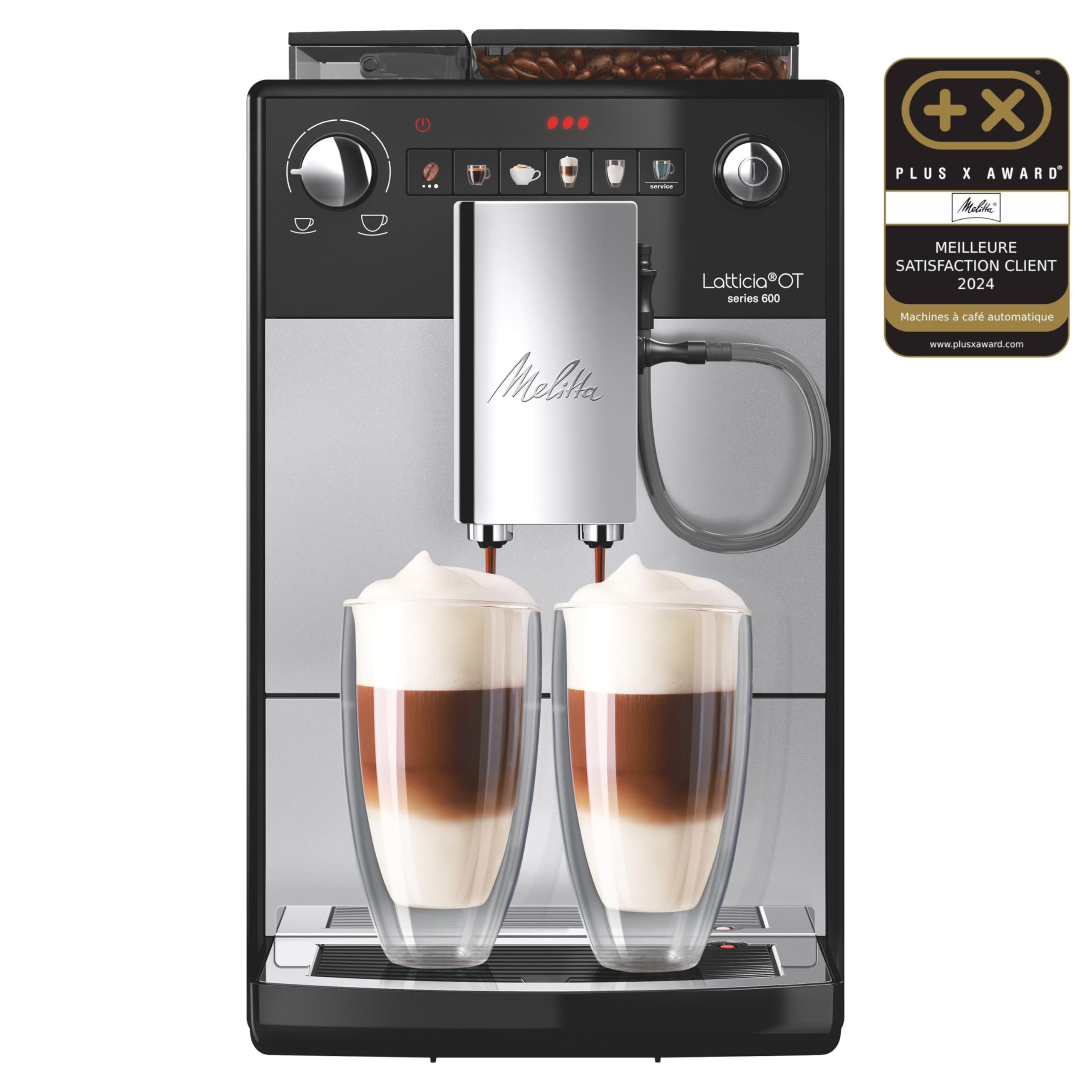 Melitta Latticia One Touch Argent, Machine à Café à Grains avec Broyeur et Système Latte Perfection, Silencieuse, Mode 1 à 2 Tasses, Automatique, F300-101, 1450W