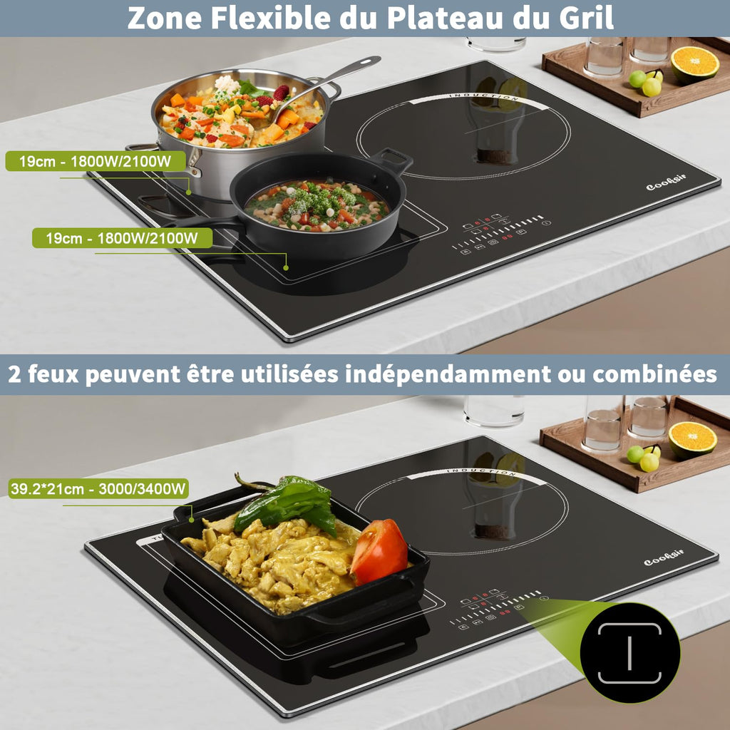 Cooksir Plaque Induction 3 Feux avec Cadre, Table de Cuisson Induction 60cm Encastrable, 6800W, Commande Tactile à Curseur, Bord Inox, Zone Flexibles pour le Grille, Sans Fiche, 240V