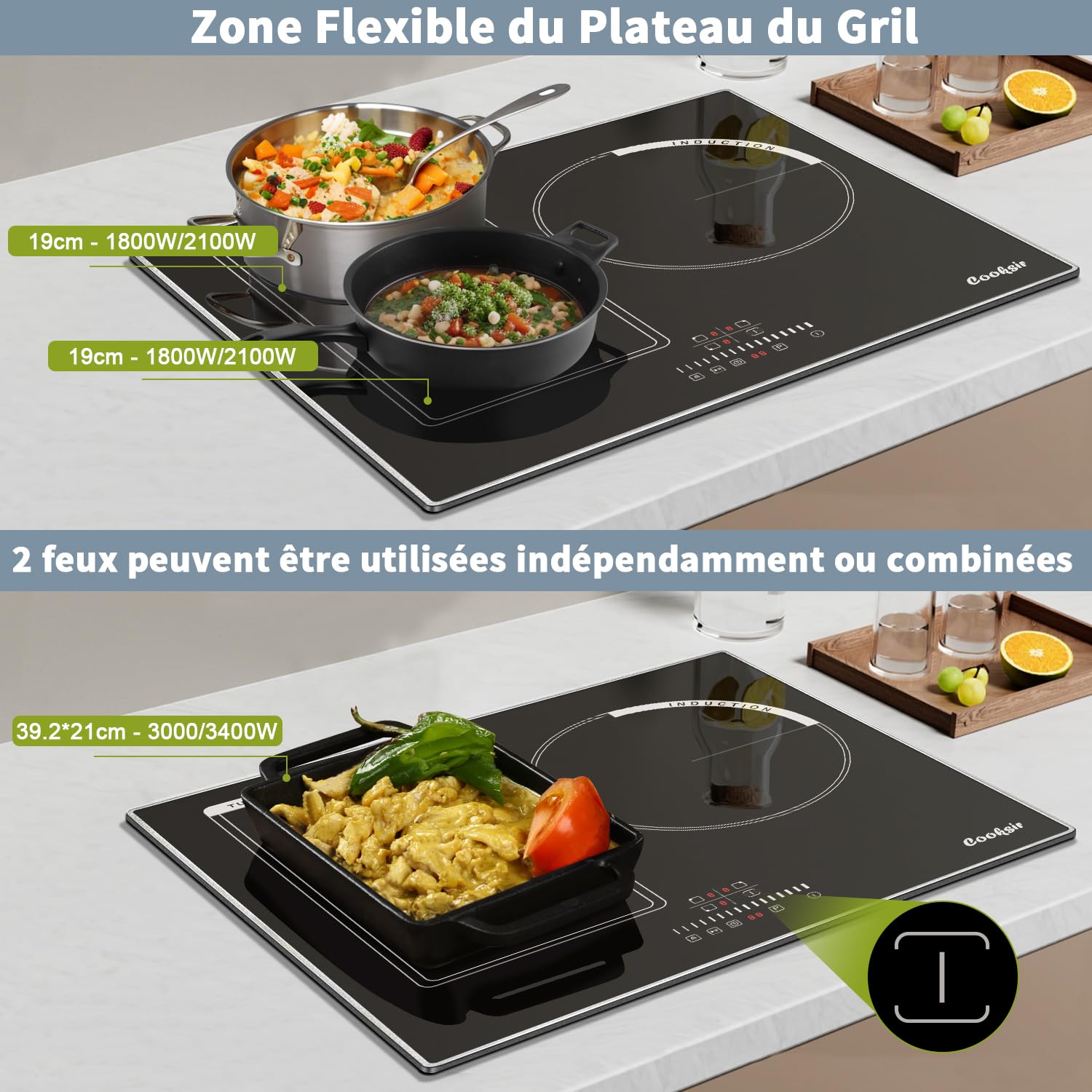 Cooksir Plaque Induction 3 Feux avec Cadre, Table de Cuisson Induction 60cm Encastrable, 6800W, Commande Tactile à Curseur, Bord Inox, Zone Flexibles pour le Grille, Sans Fiche, 240V