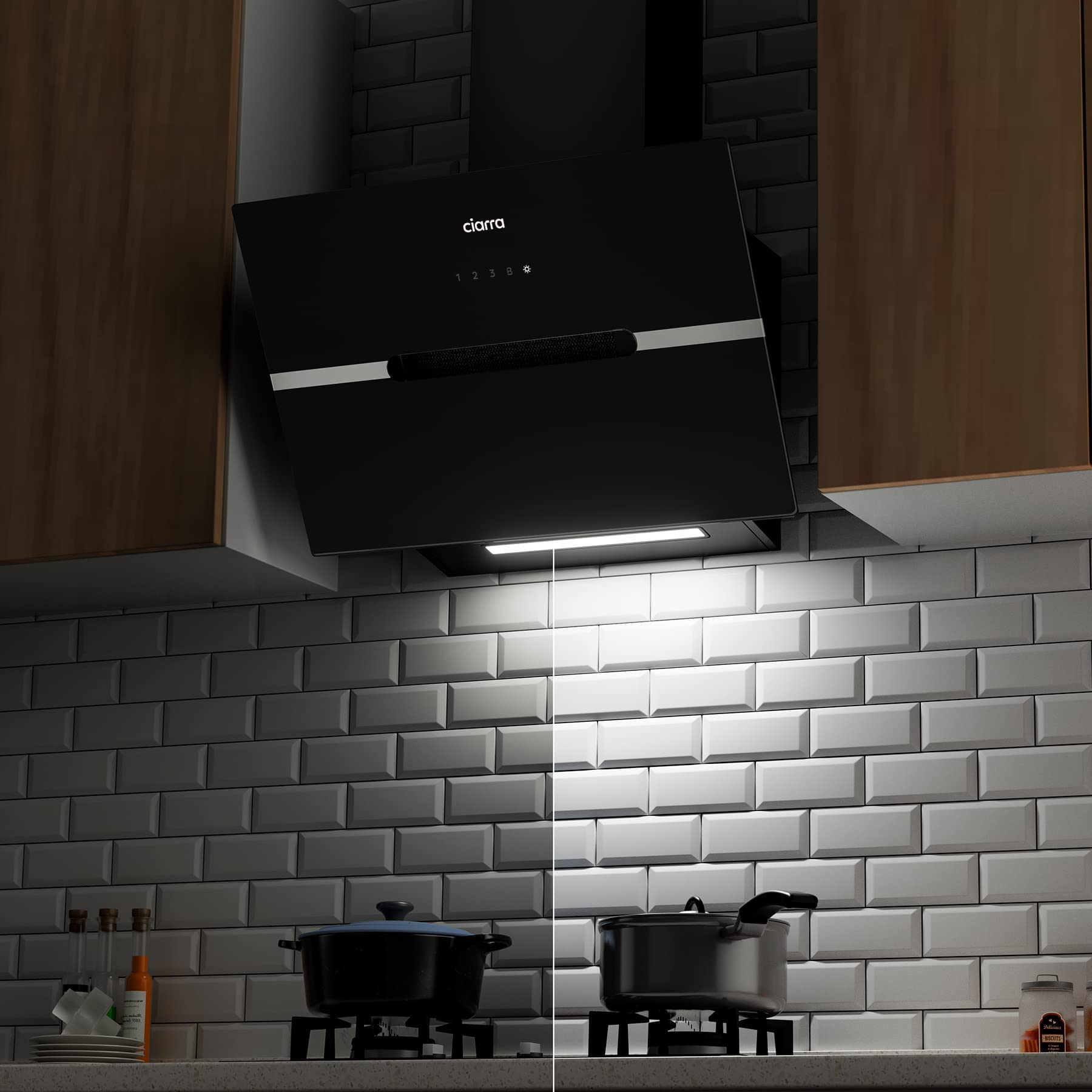 Ciarra CBCB6736F Classe A+++ Hotte Aspirante Inclinée 60cm - 650m³/h - Commande Tactile & Wi-Fi - Fonction Boost - Design en Verre Élégant - Noir