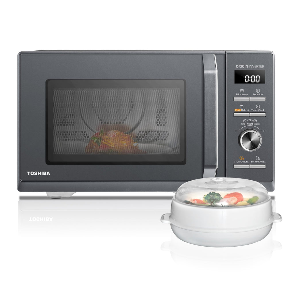 Toshiba MW3-AC26PFI(MG) Four à Micro-ondes 26L Air chaud combiné, 6-en-1 900W avec Cuiseur Vapeur en Gris Morandi, 6 Programmes 10 Niveaux de Puissanc