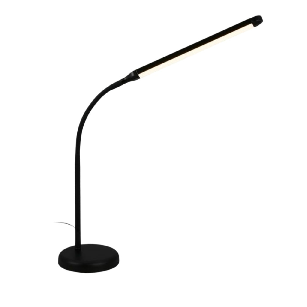 Lampe de bureau moderne en métal noir avec bras flexible et éclairage LED intégré.