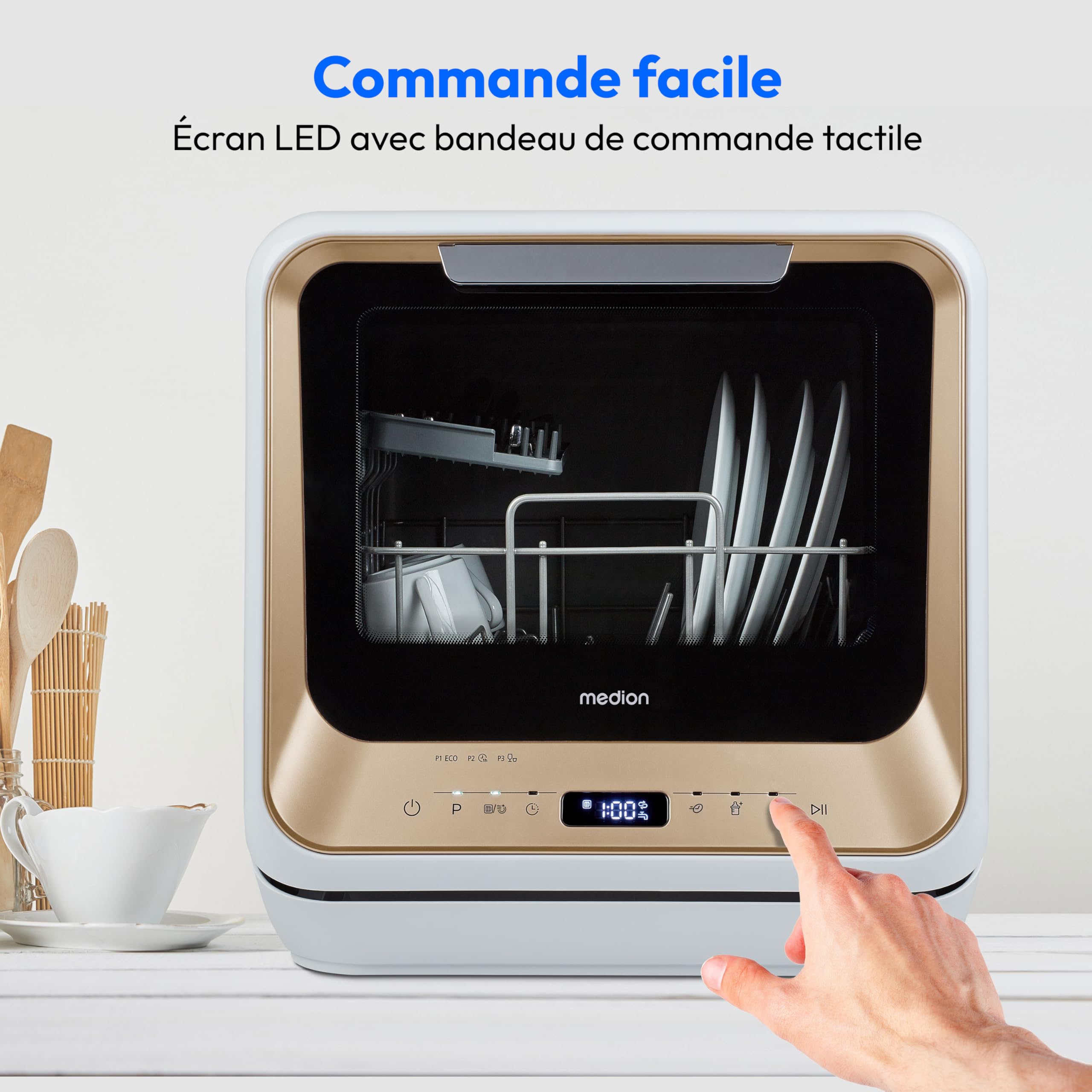 MEDION Mini lave-vaisselle DWT20 (lave-vaisselle de table, lave-vaisselle, 2 couverts, fonctionne avec/sans raccordement à l'eau, 6 programmes de nett