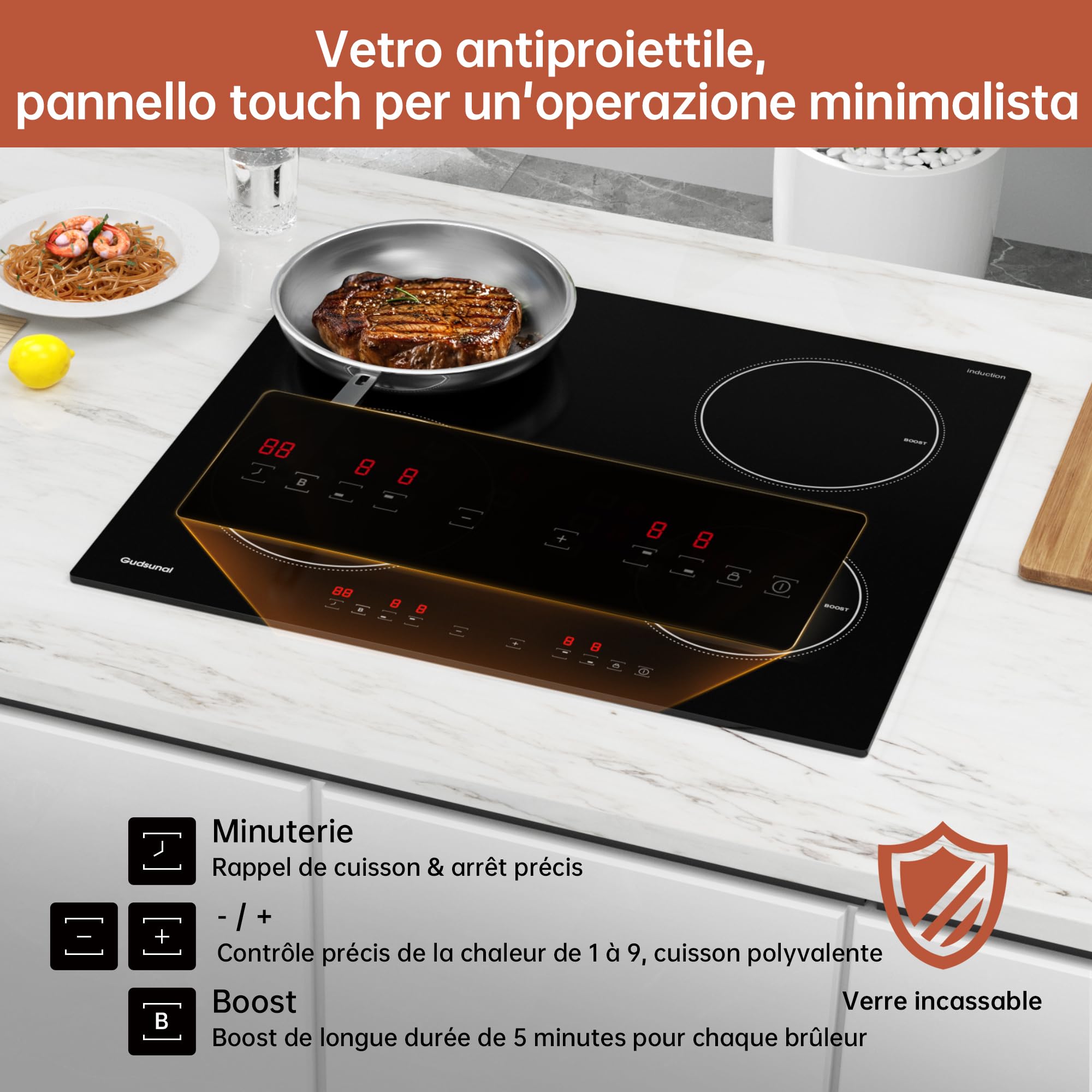 Gudsunal Plaque induction 4 feux, Table de Cuisson Encastrable,7200W, 9 niveaux de chauffage,Boost, Minuterie, Arrêt automatique, Verrouillage de sécu