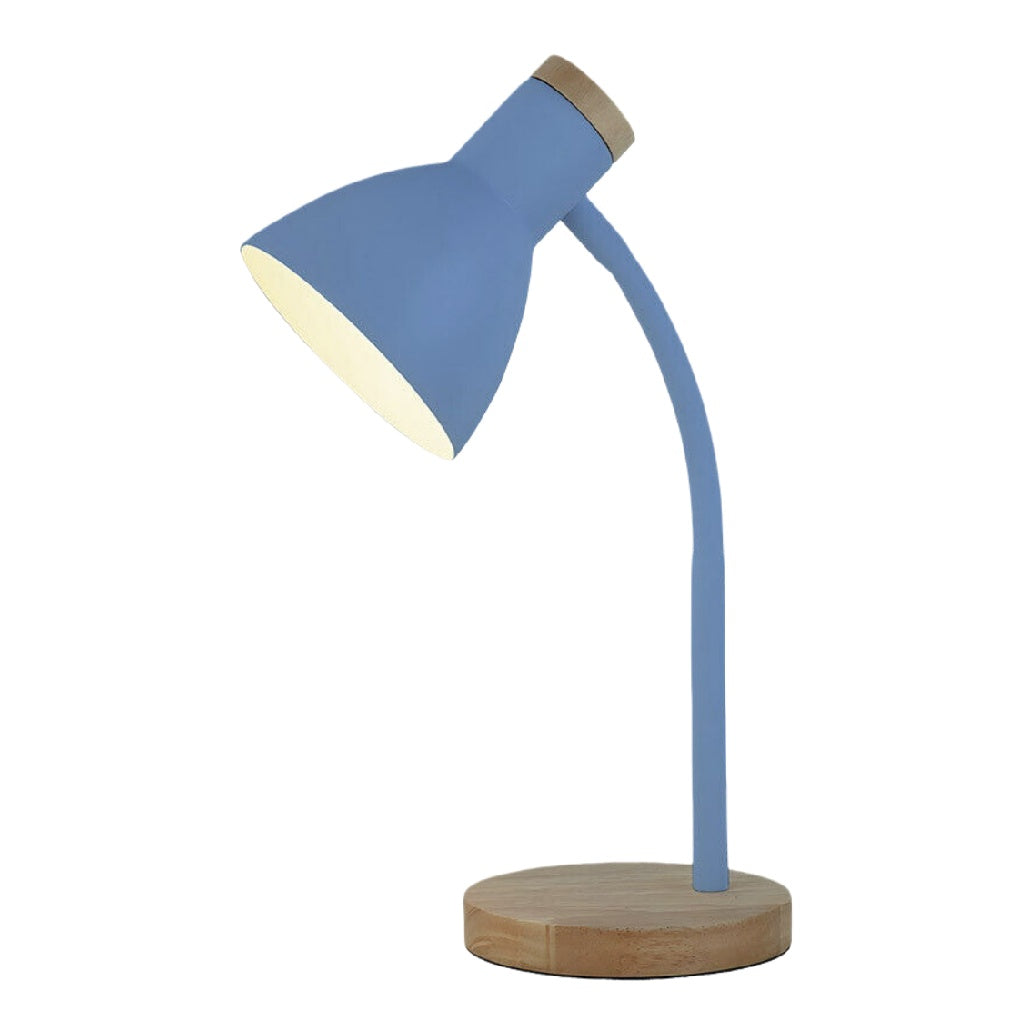 Lampe de bureau bleue avec base en bois naturel.
